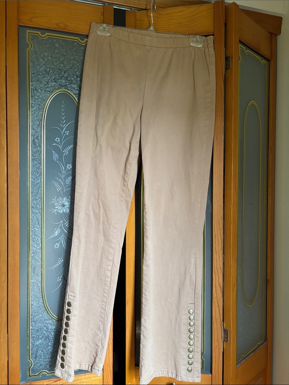 Women's khaki Stretch pants with snap detail